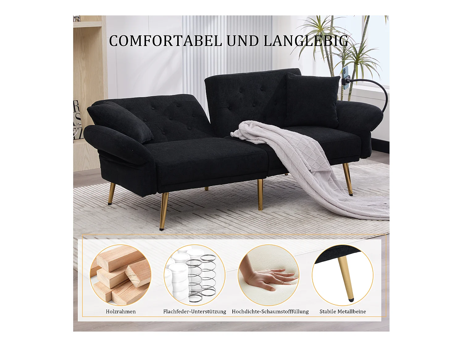 Canapé 2 places convertible avec dossier réglable + 2 USB + poche latérale - 173 x 78 x 78 - velours - noir