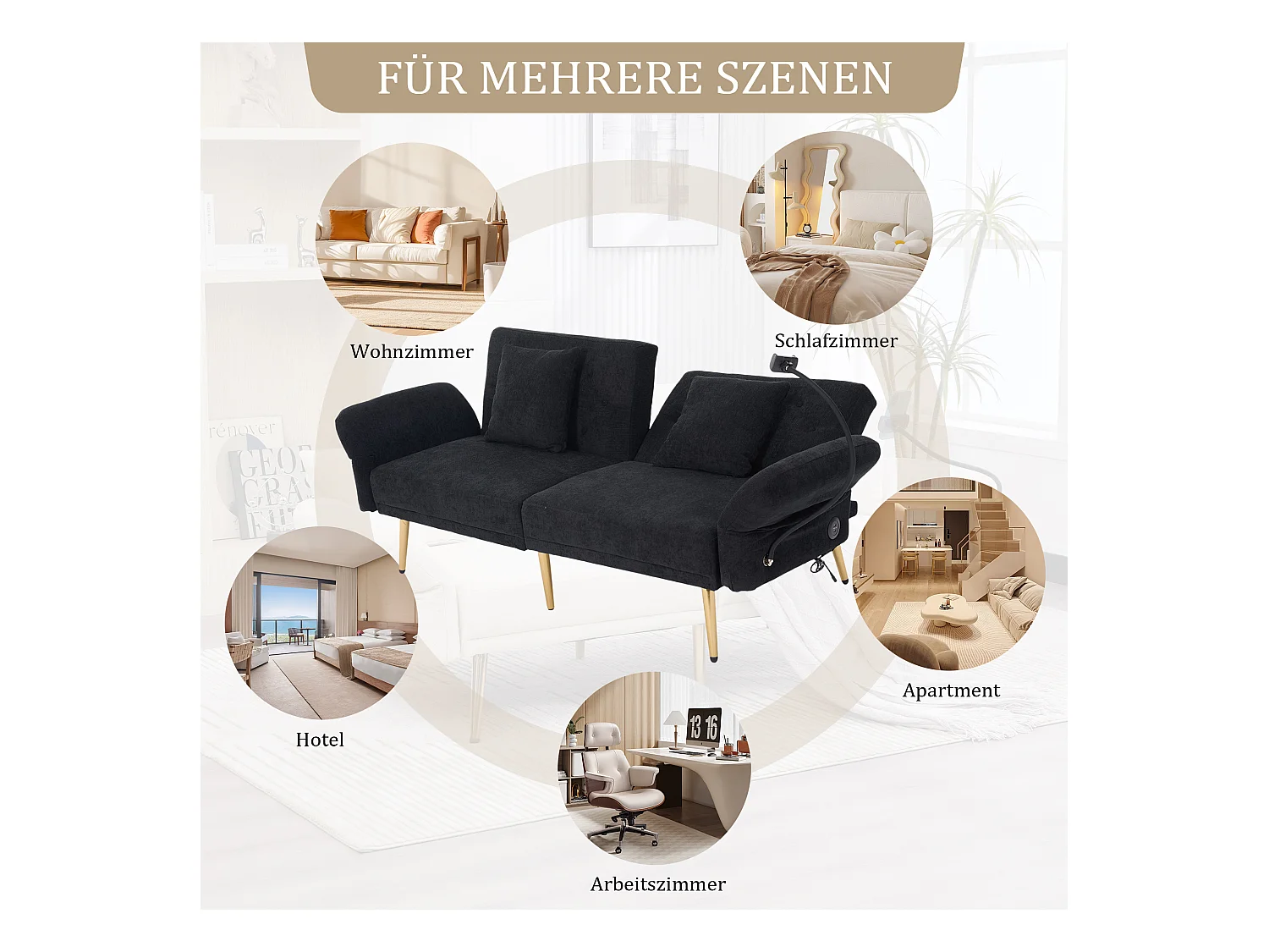 Canapé 2 places convertible avec dossier réglable + 2 USB + poche latérale - 173 x 78 x 78 - velours - noir