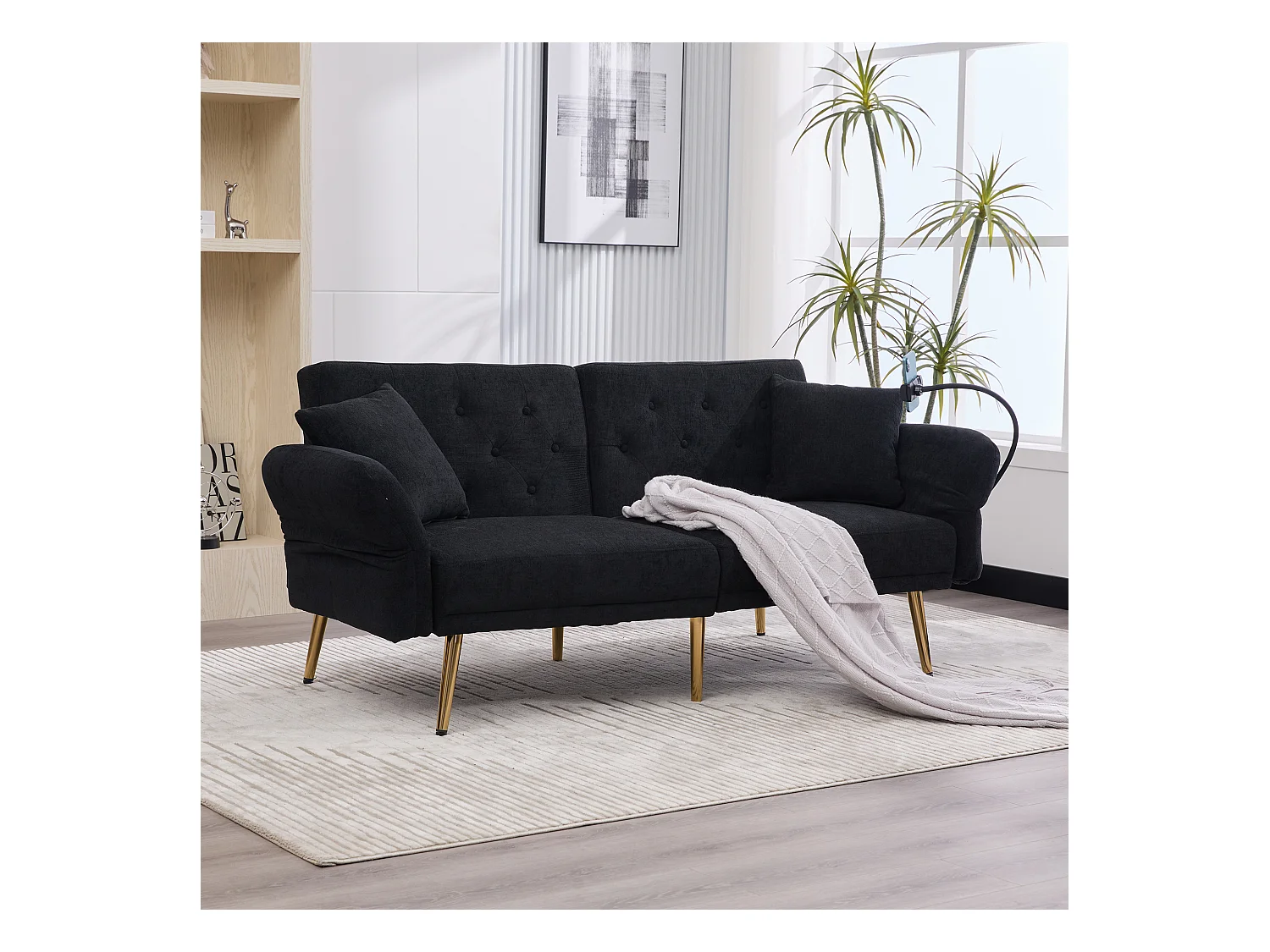 Canapé 2 places convertible avec dossier réglable + 2 USB + poche latérale - 173 x 78 x 78 - velours - noir