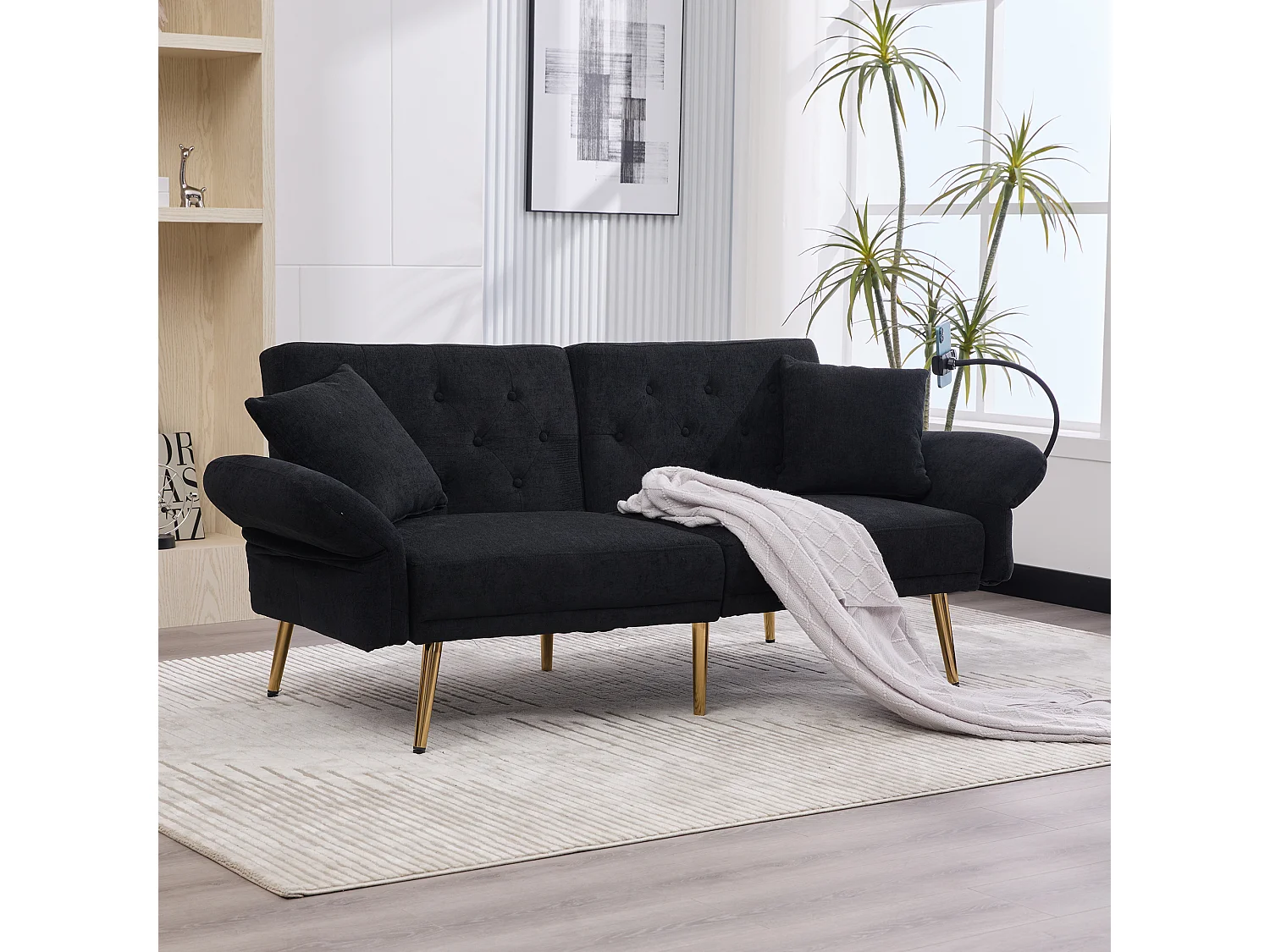 Canapé 2 places convertible avec dossier réglable + 2 USB + poche latérale - 173 x 78 x 78 - velours - noir