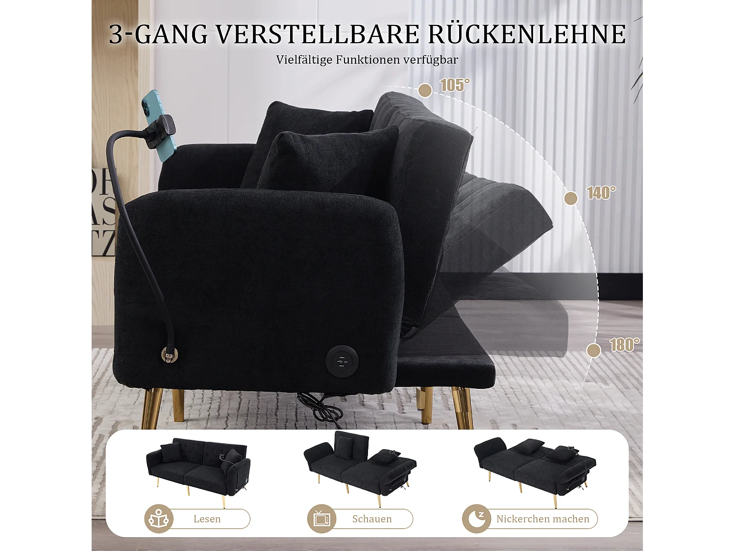 Canapé 2 places convertible avec dossier réglable + 2 USB + poche latérale - 173 x 78 x 78 - velours - noir