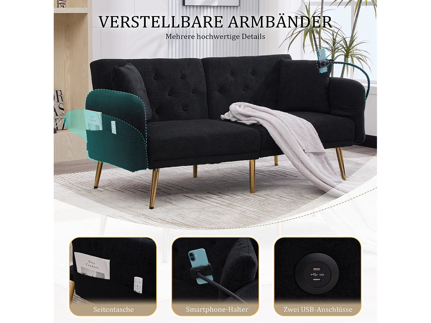 Canapé 2 places convertible avec dossier réglable + 2 USB + poche latérale - 173 x 78 x 78 - velours - noir