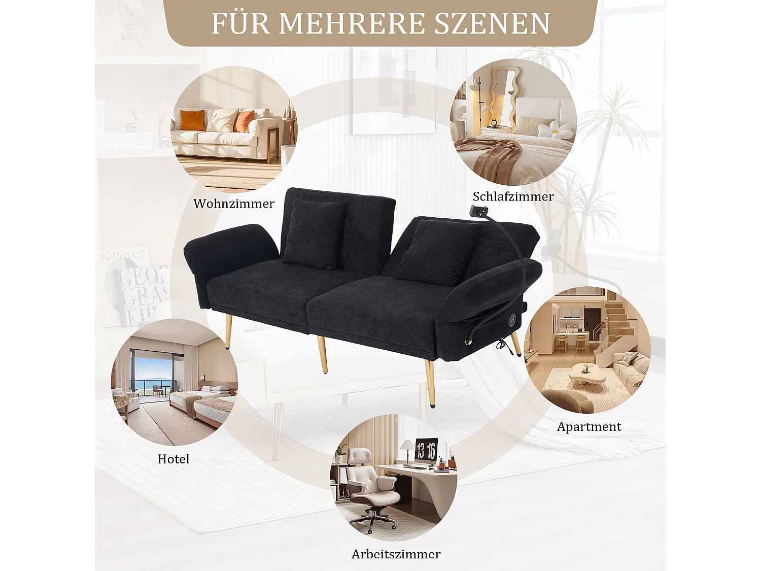 Canapé 2 places convertible avec dossier réglable + 2 USB + poche latérale - 173 x 78 x 78 - velours - noir