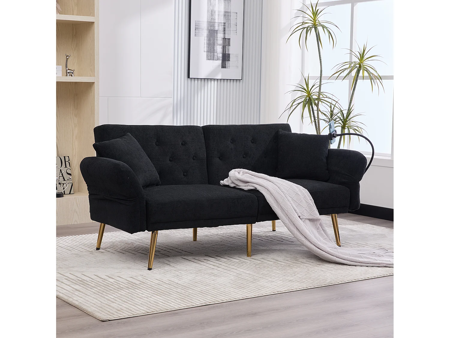 Canapé 2 places convertible avec dossier réglable + 2 USB + poche latérale - 173 x 78 x 78 - velours - noir