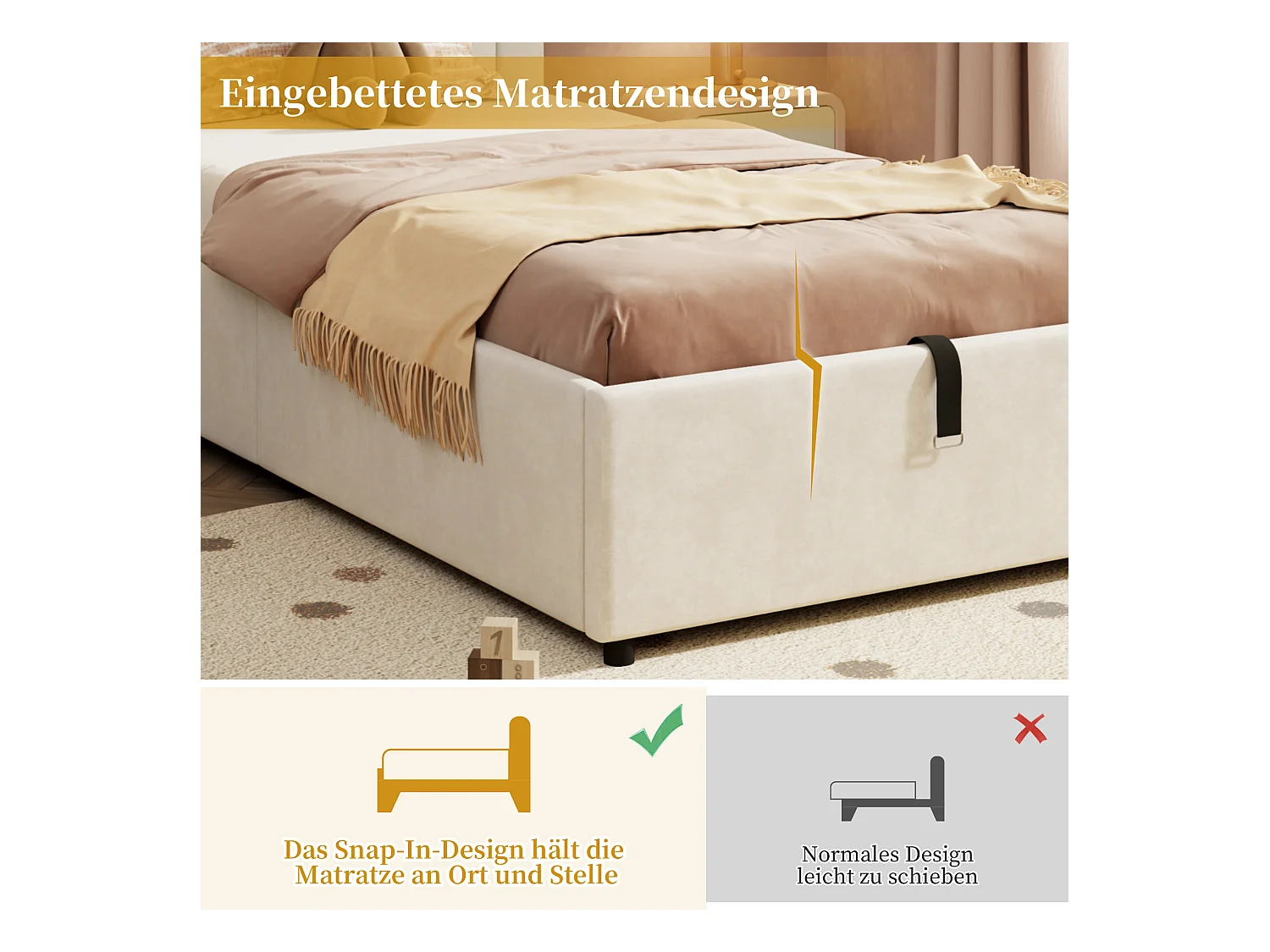 Gepolstertes Kinderbett - 90 x 200 cm - mit hydraulischem Stauraum + Kopfteil - Samt - Beige