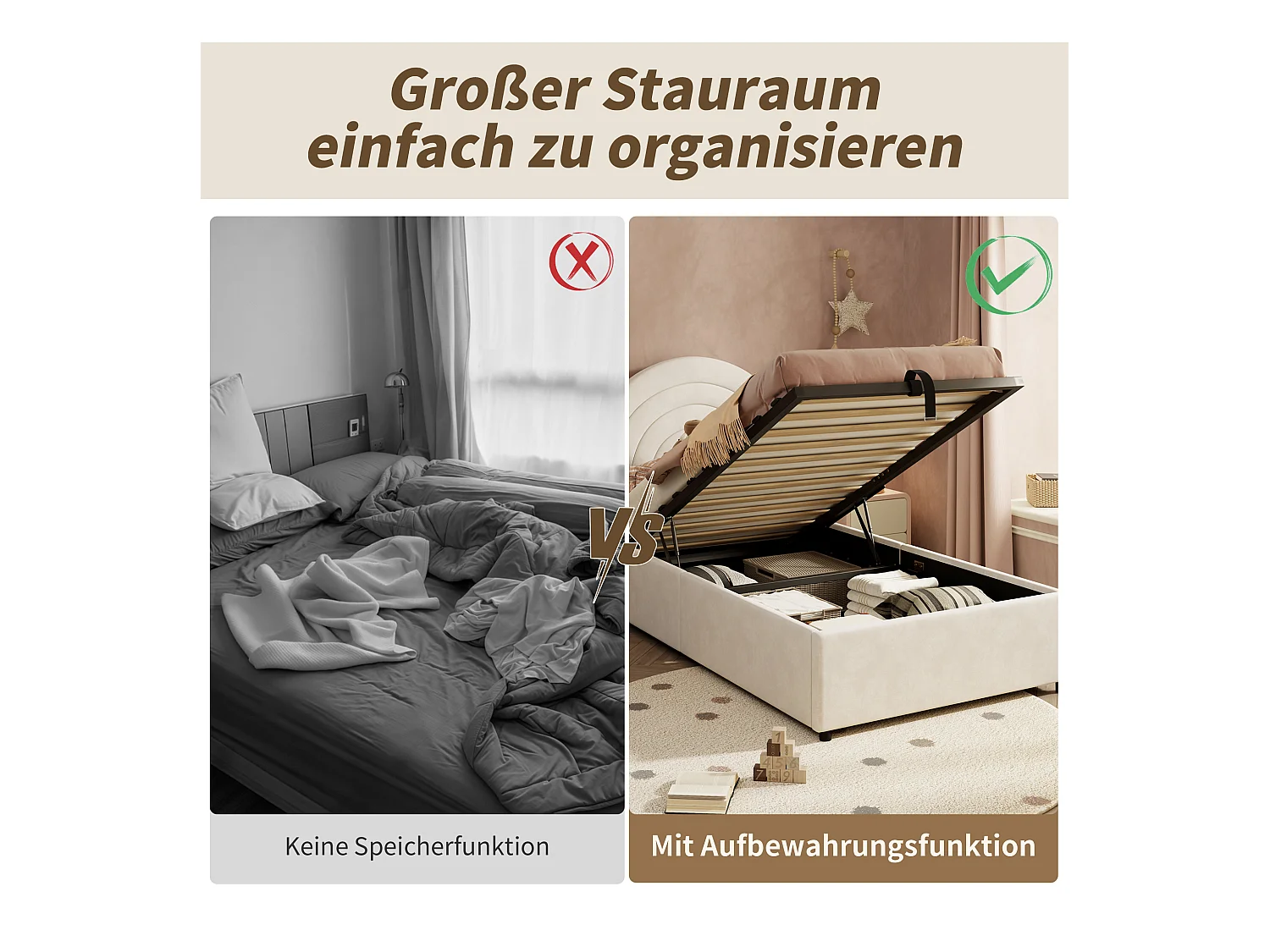 Gepolstertes Kinderbett - 90 x 200 cm - mit hydraulischem Stauraum + Kopfteil - Samt - Beige