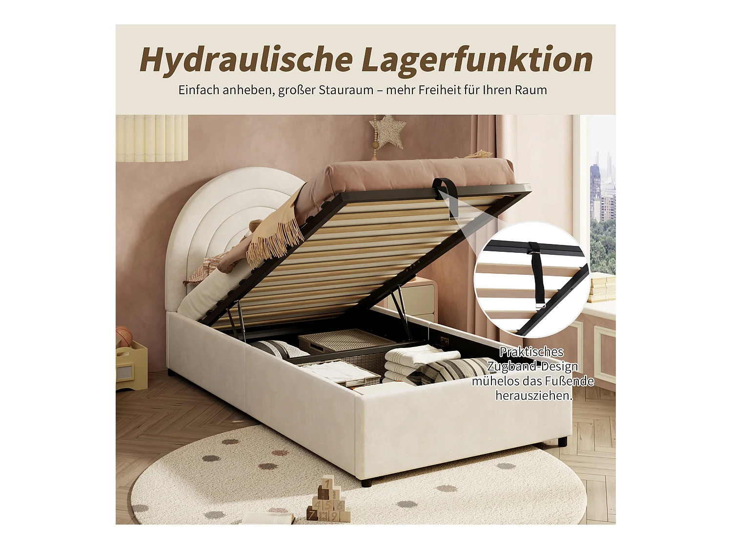 Gepolstertes Kinderbett - 90 x 200 cm - mit hydraulischem Stauraum + Kopfteil - Samt - Beige