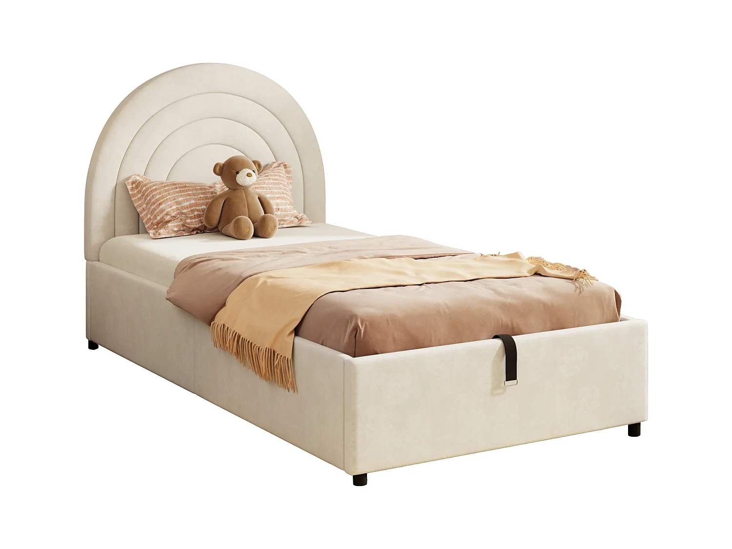 Gepolstertes Kinderbett - 90 x 200 cm - mit hydraulischem Stauraum + Kopfteil - Samt - Beige