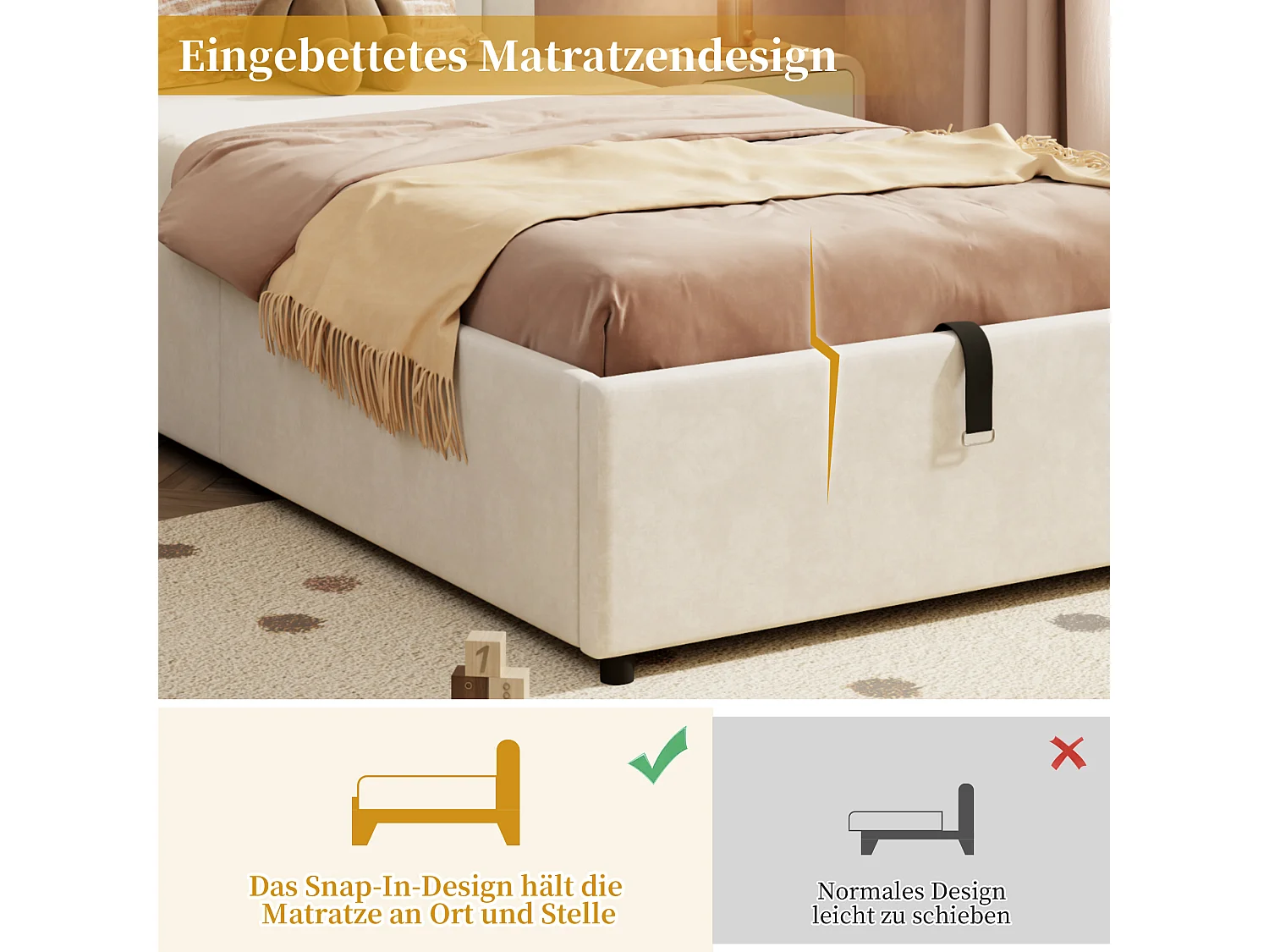 Lit rembourré pour enfant - 90 x 200 cm - avec rangement hydraulique + tête de lit - velours - beige