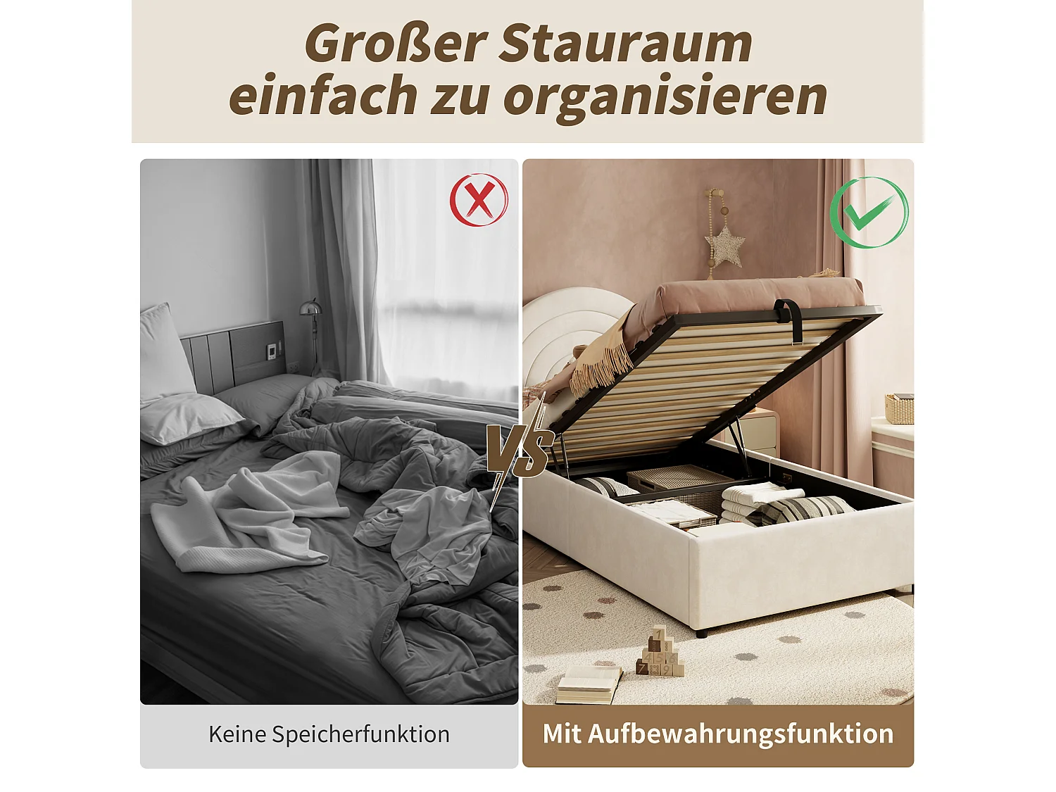 Lit rembourré pour enfant - 90 x 200 cm - avec rangement hydraulique + tête de lit - velours - beige