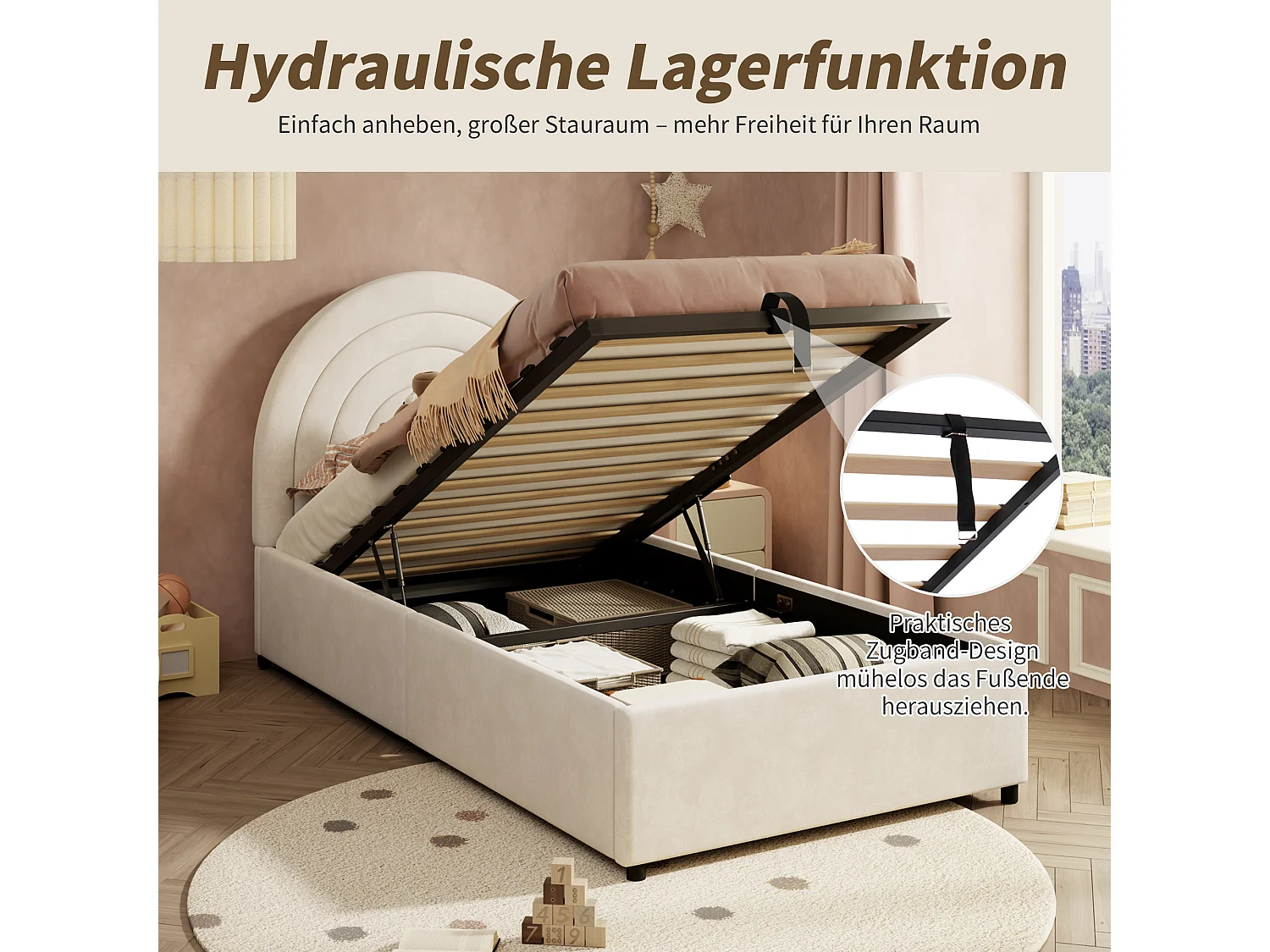 Lit rembourré pour enfant - 90 x 200 cm - avec rangement hydraulique + tête de lit - velours - beige