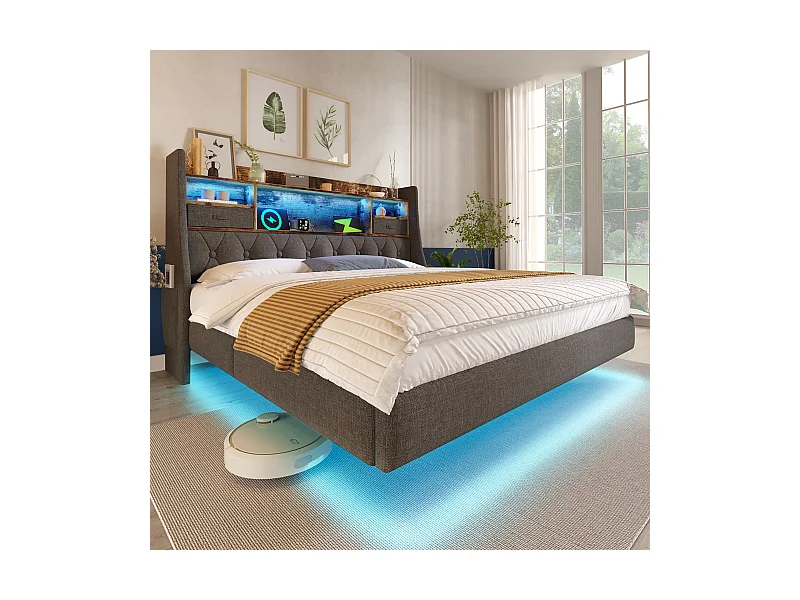 Lit rembourré double - 160 x 200 cm - avec Leds + station de charge + tête de lit de rangement - lin - gris