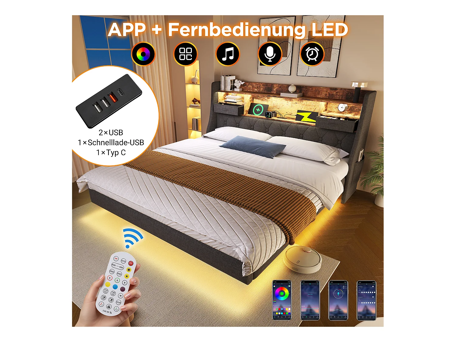 Lit rembourré double - 160 x 200 cm - avec Leds + station de charge + tête de lit de rangement - lin - gris