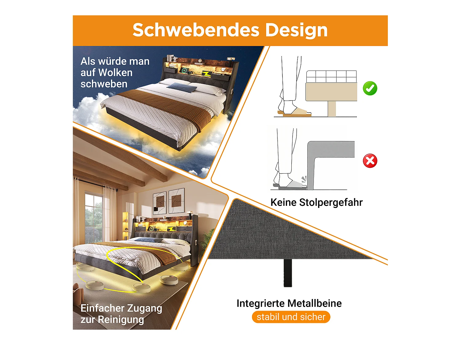 Lit rembourré double - 160 x 200 cm - avec Leds + station de charge + tête de lit de rangement - lin - gris