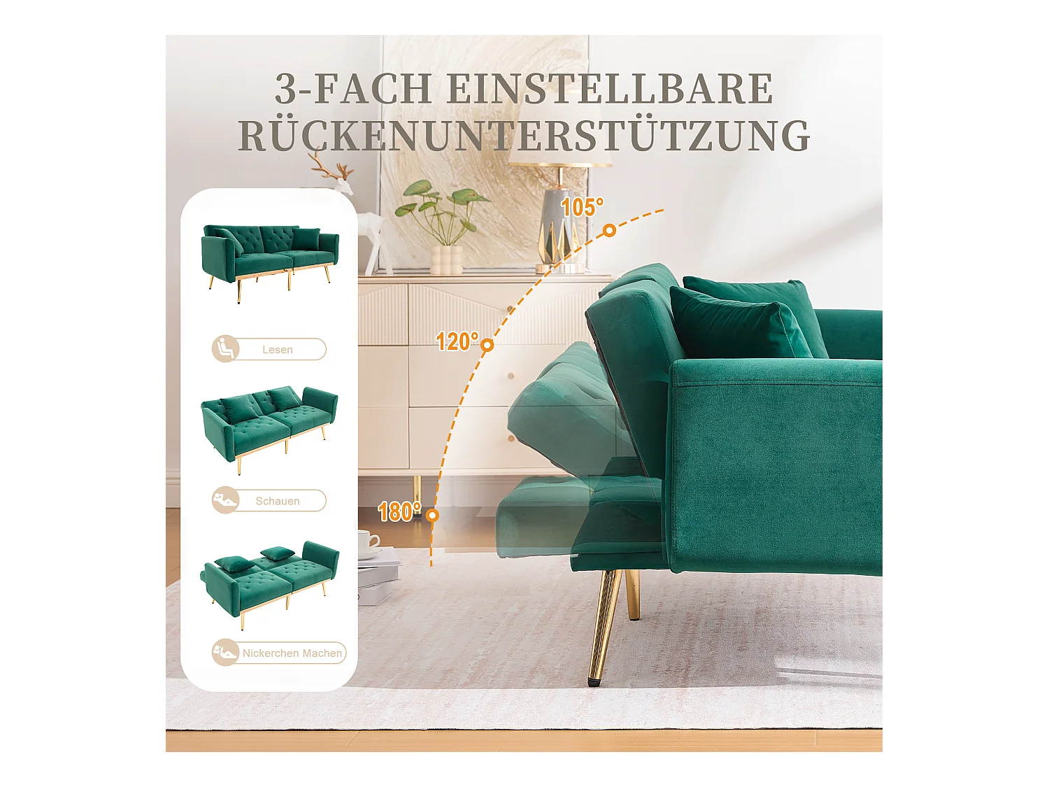 Canapé 2 places convertible avec coussins + dossier réglable - 165 x 72.5 x 75 cm - velours - vert