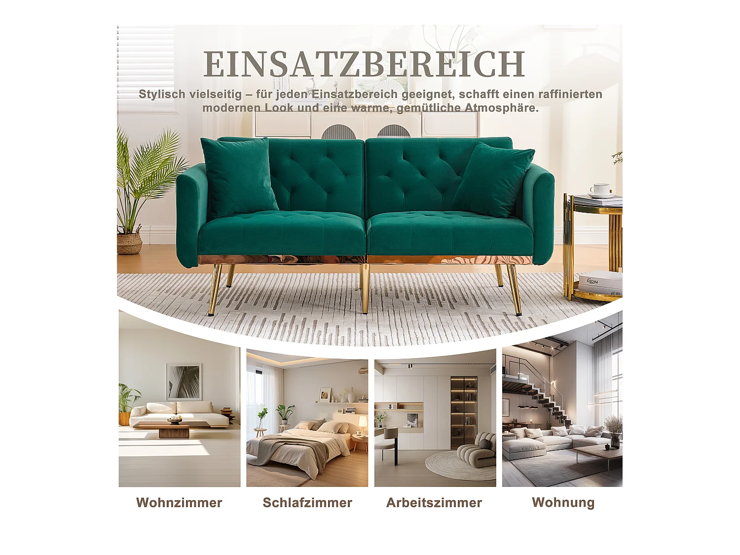 Canapé 2 places convertible avec coussins + dossier réglable - 165 x 72.5 x 75 cm - velours - vert