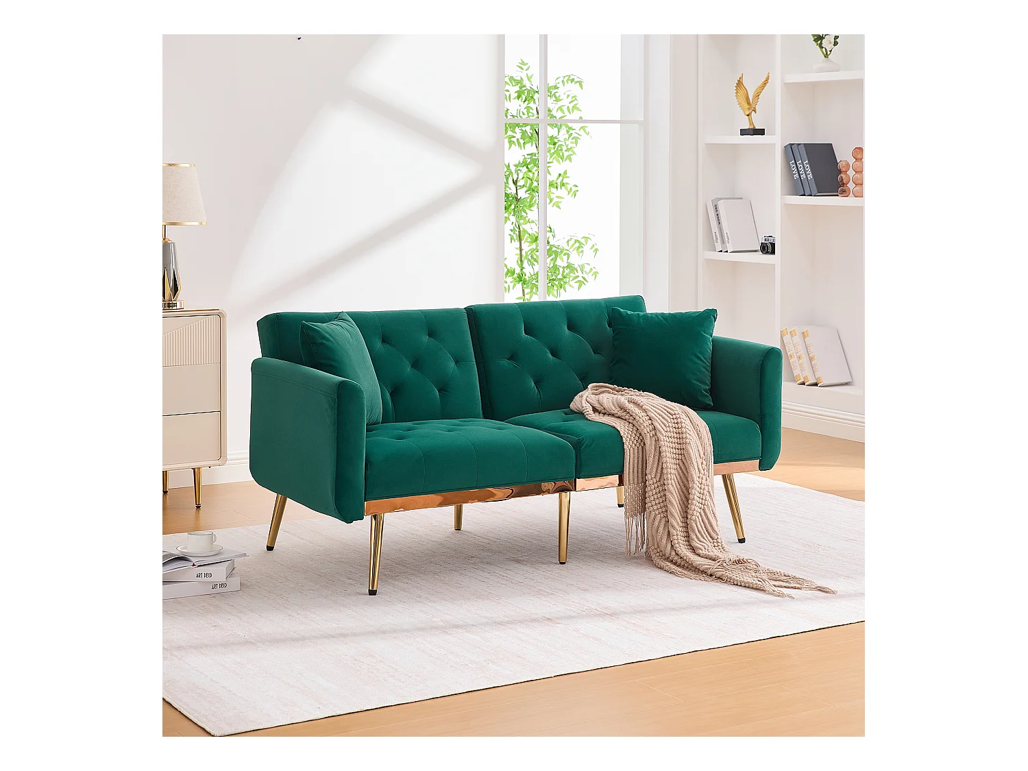 Canapé 2 places convertible avec coussins + dossier réglable - 165 x 72.5 x 75 cm - velours - vert