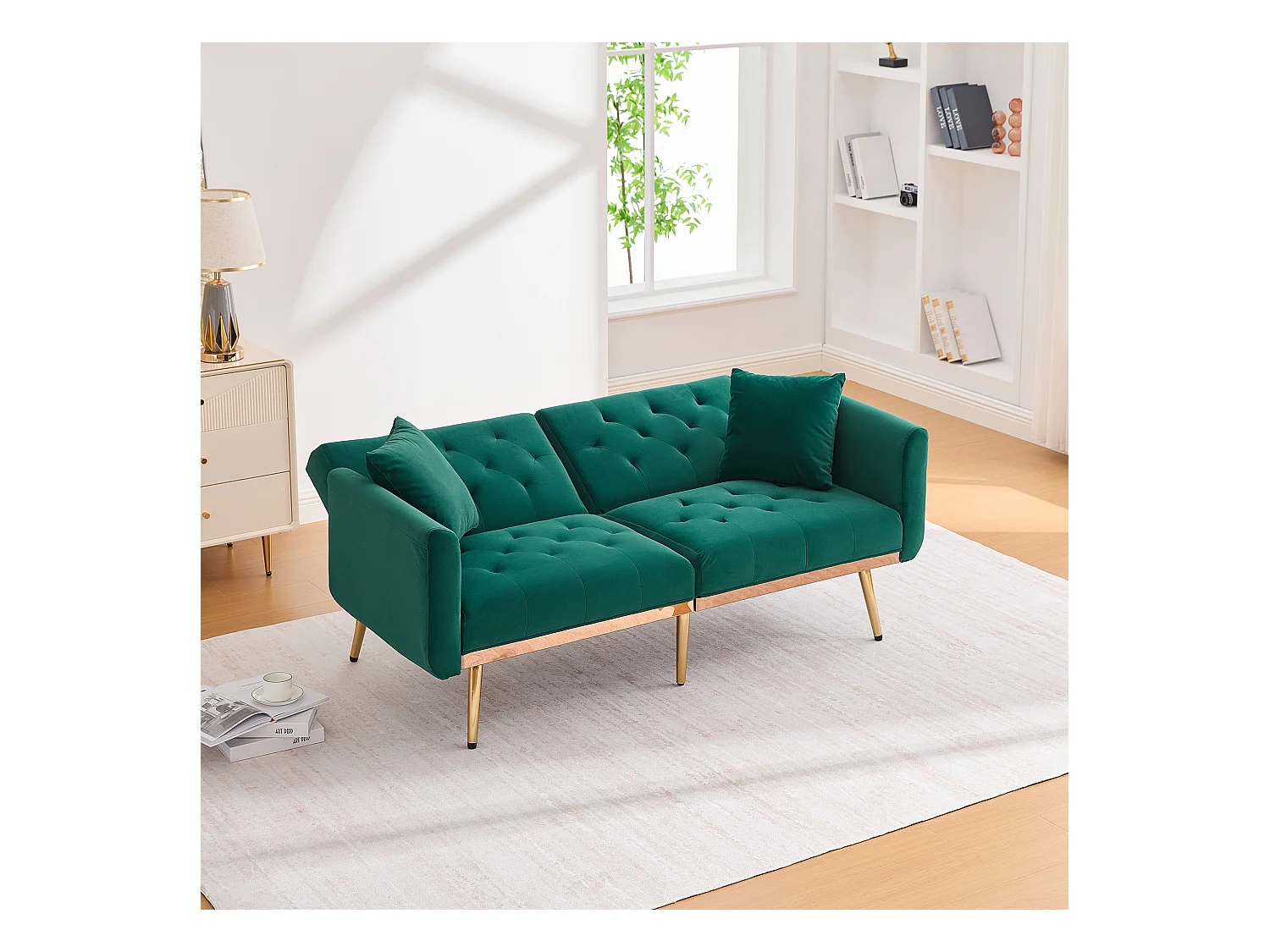 Canapé 2 places convertible avec coussins + dossier réglable - 165 x 72.5 x 75 cm - velours - vert