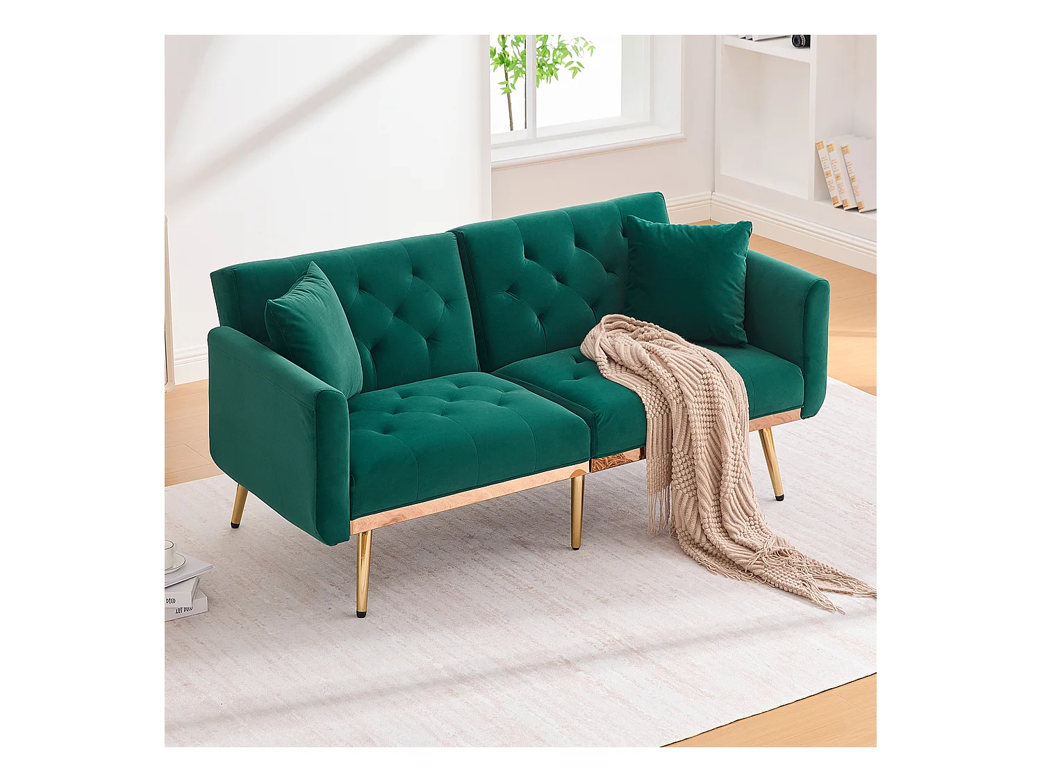 Canapé 2 places convertible avec coussins + dossier réglable - 165 x 72.5 x 75 cm - velours - vert