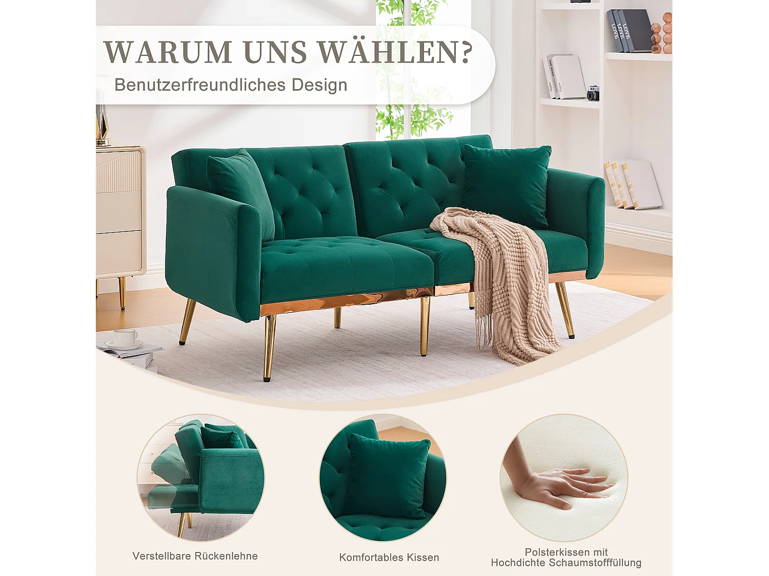 Canapé 2 places convertible avec coussins + dossier réglable - 165 x 72.5 x 75 cm - velours - vert