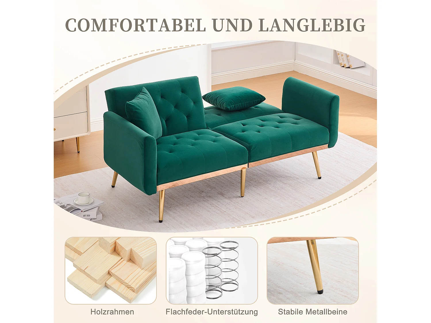 Canapé 2 places convertible avec coussins + dossier réglable - 165 x 72.5 x 75 cm - velours - vert