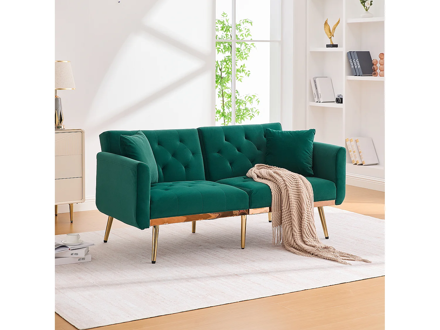 Canapé 2 places convertible avec coussins + dossier réglable - 165 x 72.5 x 75 cm - velours - vert