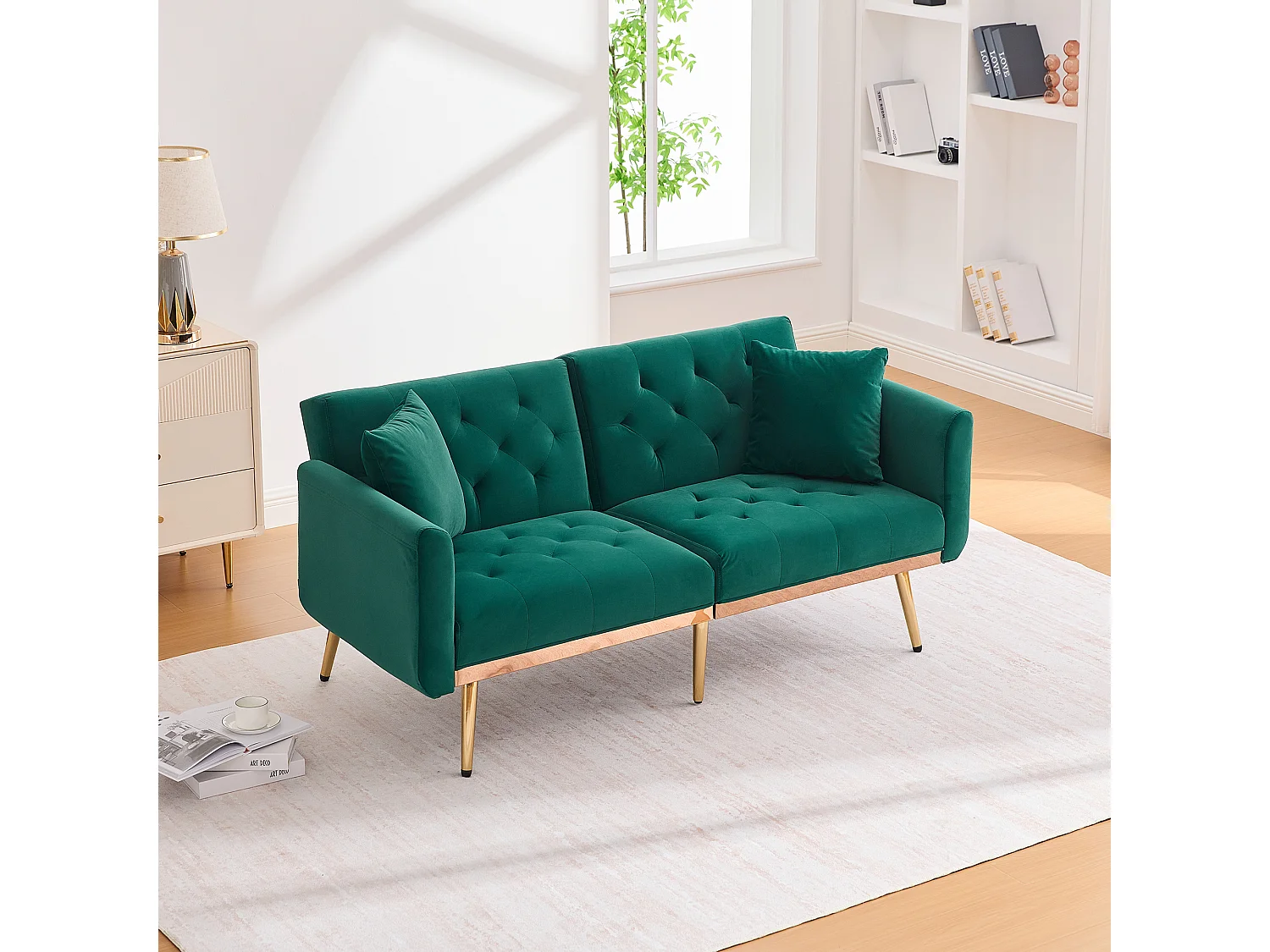 Canapé 2 places convertible avec coussins + dossier réglable - 165 x 72.5 x 75 cm - velours - vert