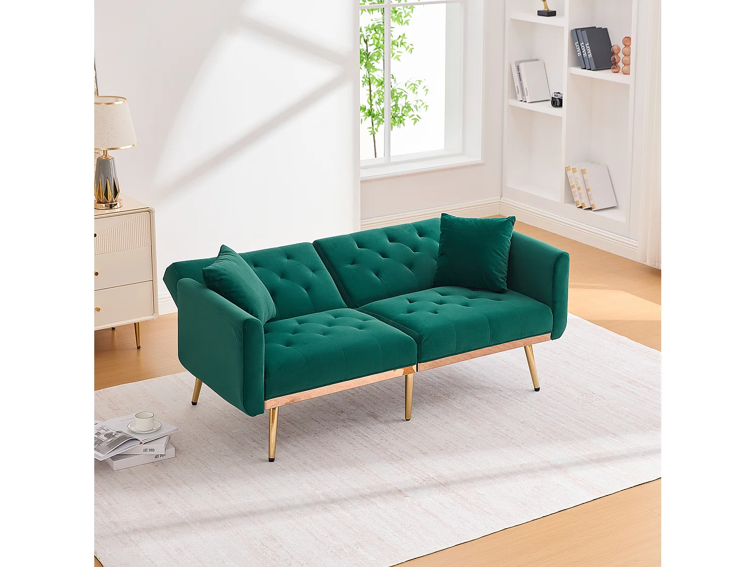 Canapé 2 places convertible avec coussins + dossier réglable - 165 x 72.5 x 75 cm - velours - vert