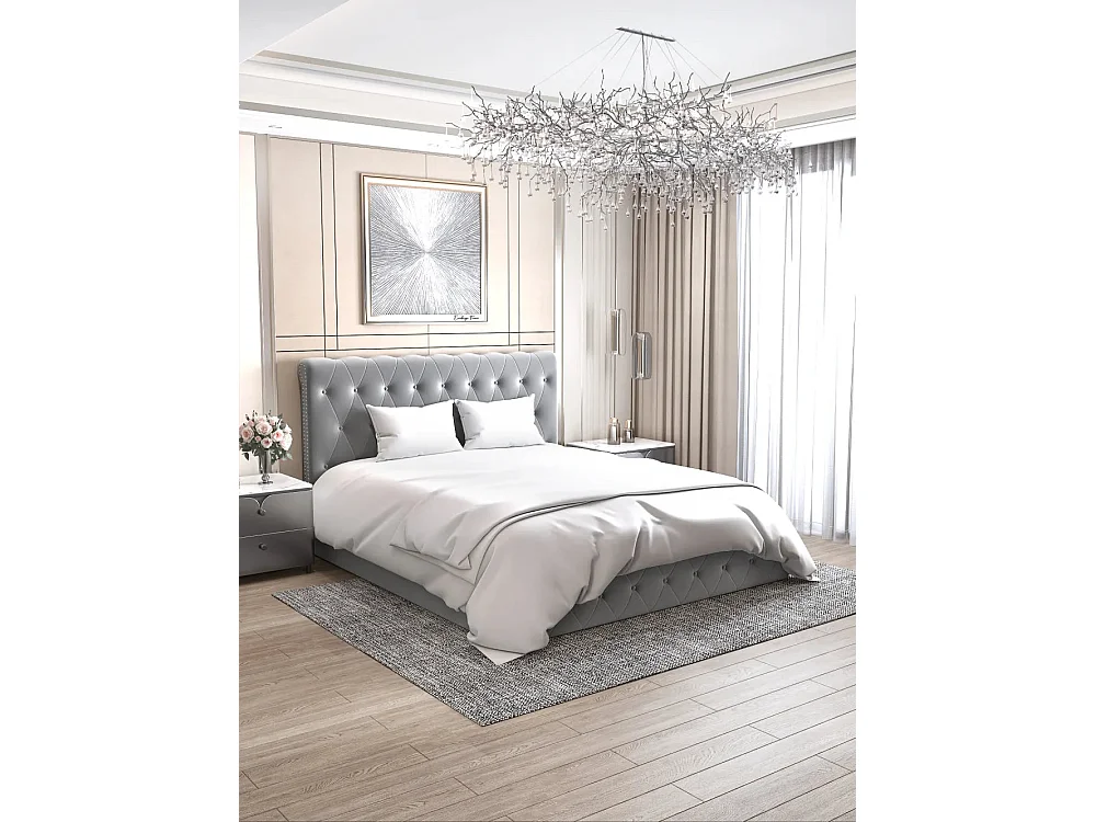 Lit coffre 2 places en velours gris 140x190cm CORSICA