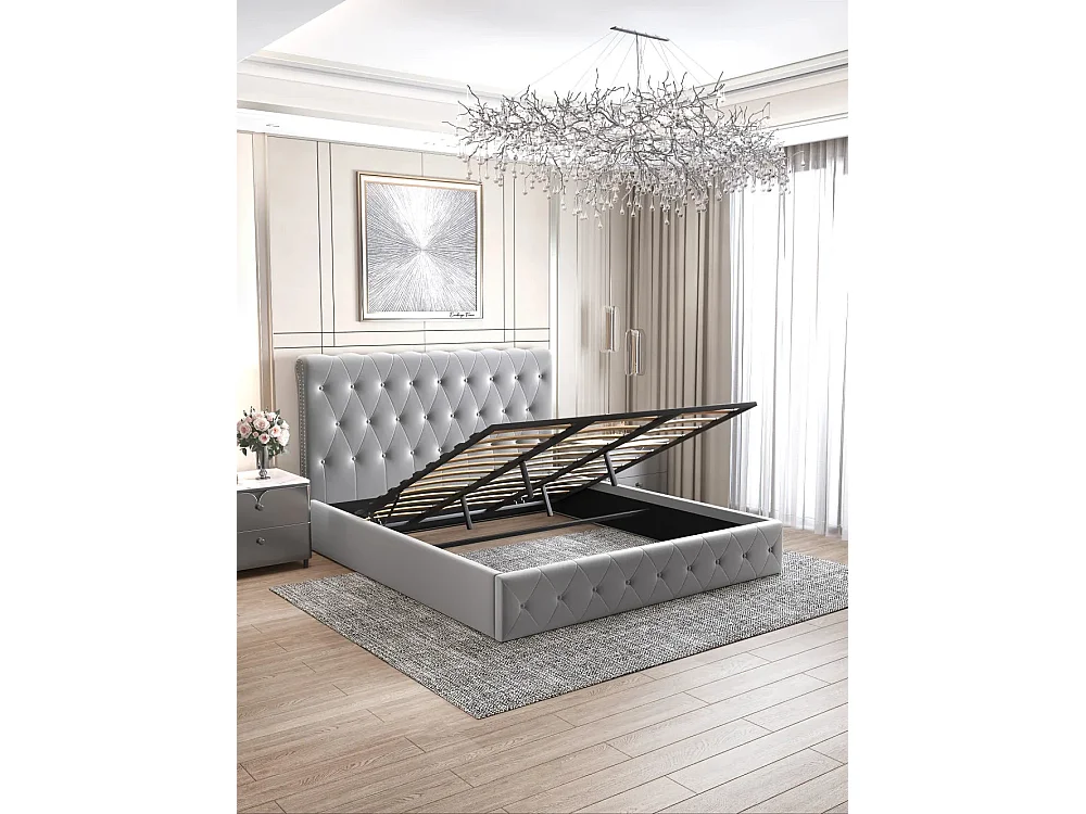 Lit coffre 2 places en velours gris 140x190cm CORSICA