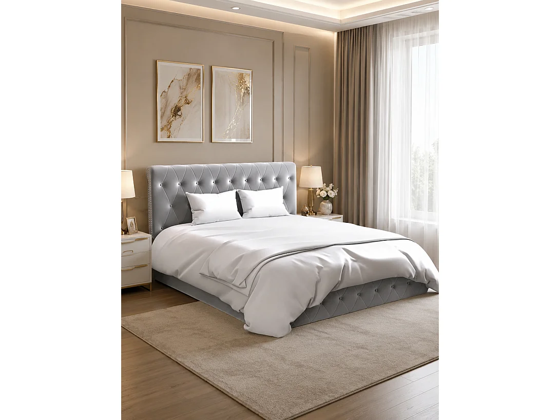 Lit coffre 2 places en velours gris 140x190cm CORSICA