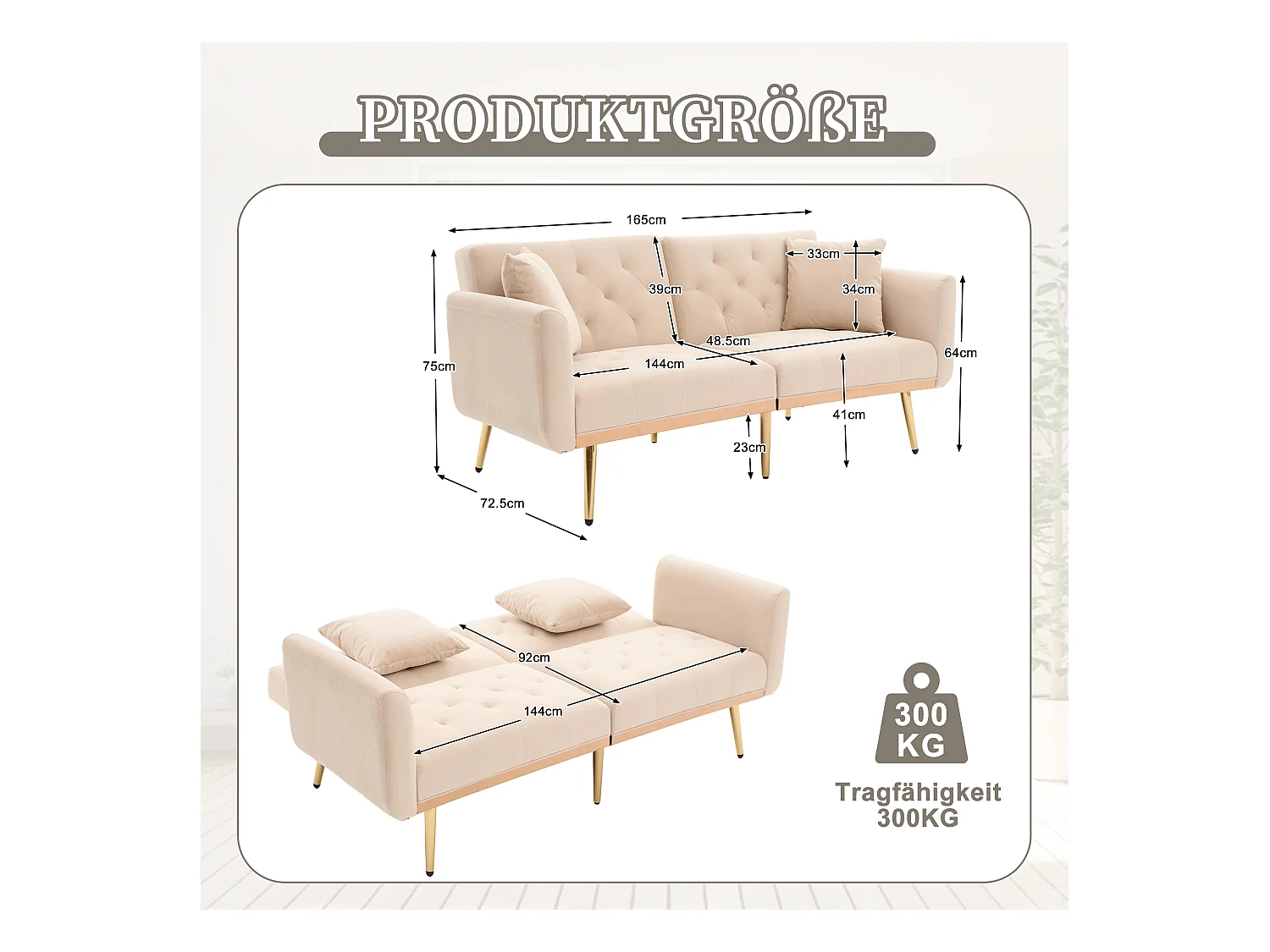 Canapé 2 places convertible avec coussins + dossier réglable - 165 x 72.5 x 75 cm - velours - beige