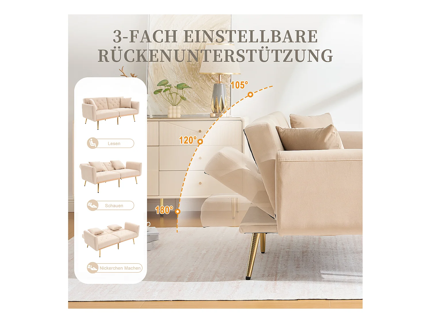 Canapé 2 places convertible avec coussins + dossier réglable - 165 x 72.5 x 75 cm - velours - beige