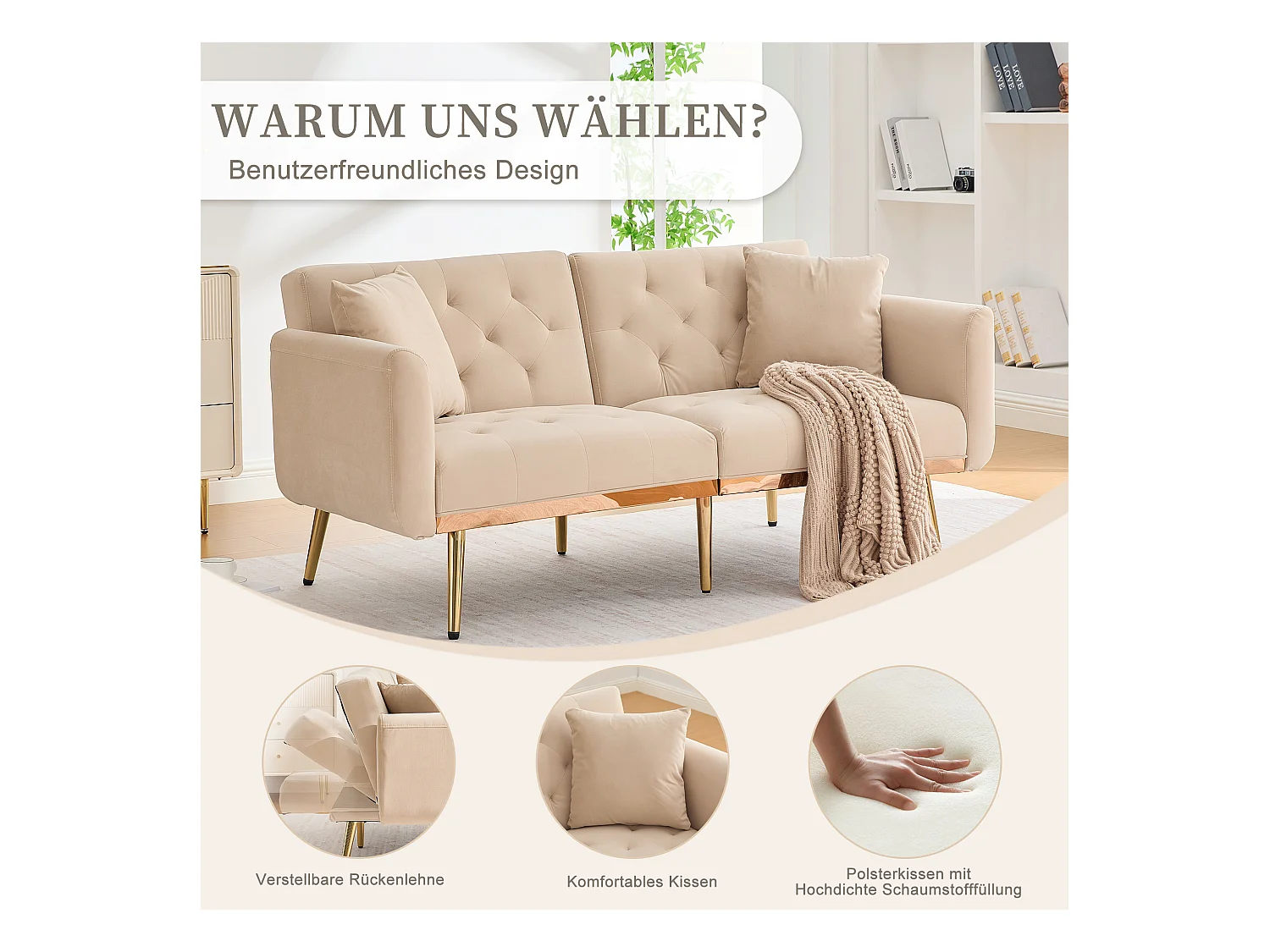 Canapé 2 places convertible avec coussins + dossier réglable - 165 x 72.5 x 75 cm - velours - beige