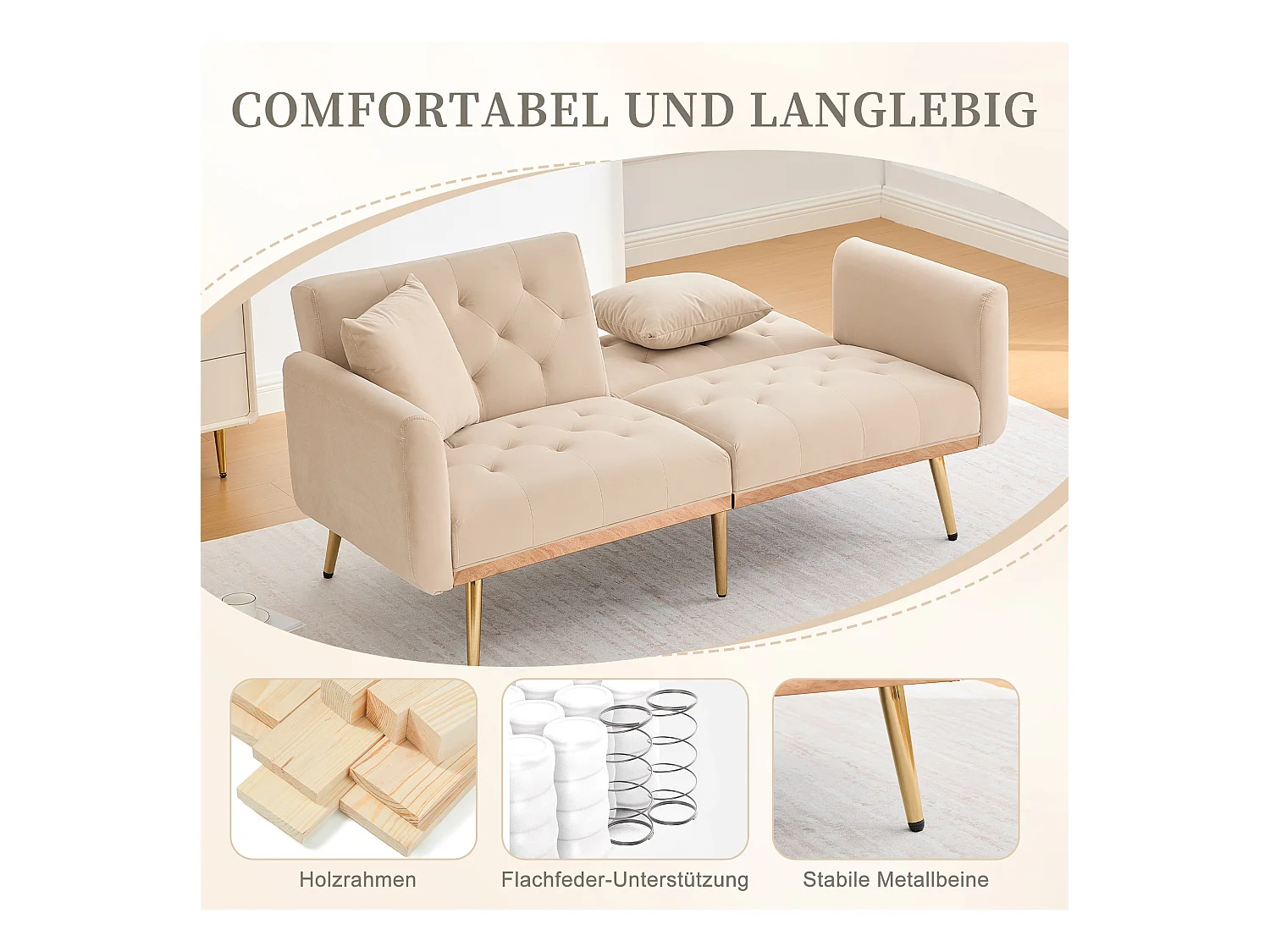 Canapé 2 places convertible avec coussins + dossier réglable - 165 x 72.5 x 75 cm - velours - beige