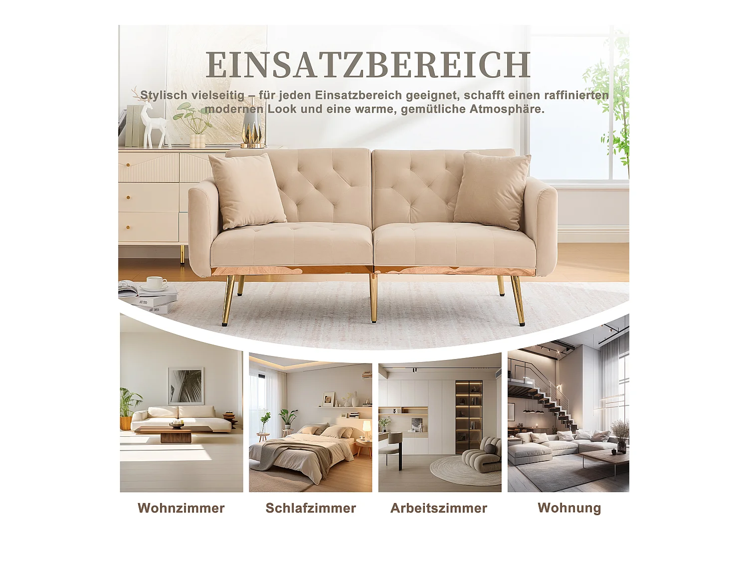 Canapé 2 places convertible avec coussins + dossier réglable - 165 x 72.5 x 75 cm - velours - beige