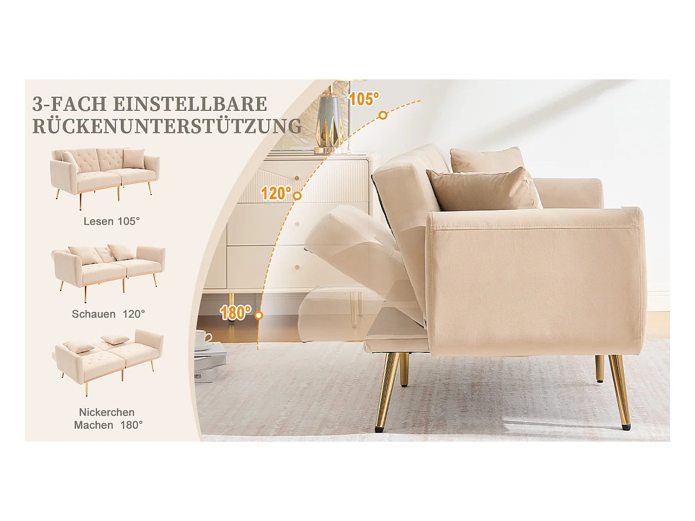 Canapé 2 places convertible avec coussins + dossier réglable - 165 x 72.5 x 75 cm - velours - beige