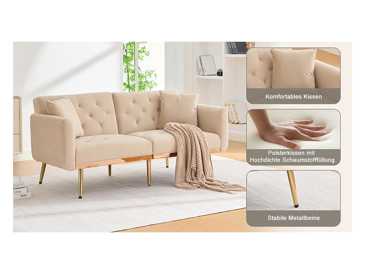 Canapé 2 places convertible avec coussins + dossier réglable - 165 x 72.5 x 75 cm - velours - beige