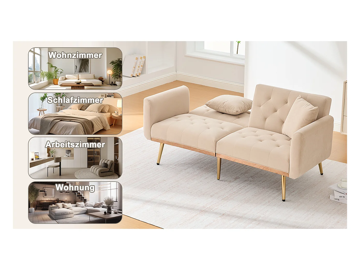 Canapé 2 places convertible avec coussins + dossier réglable - 165 x 72.5 x 75 cm - velours - beige