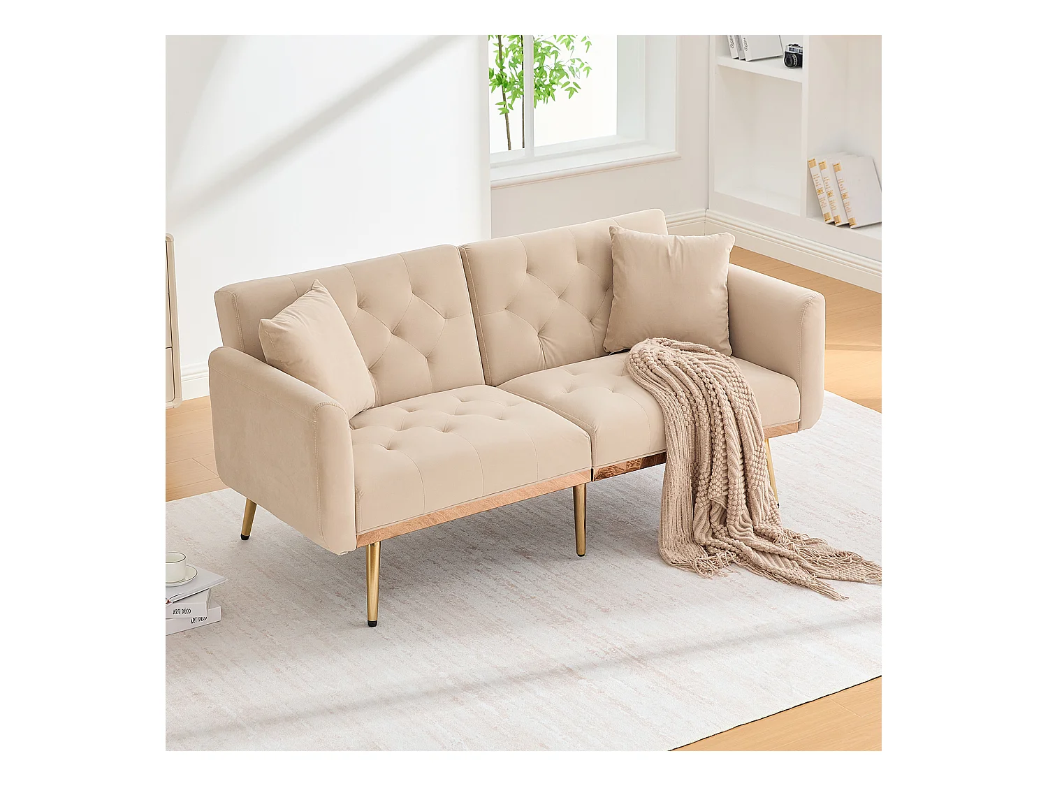 Canapé 2 places convertible avec coussins + dossier réglable - 165 x 72.5 x 75 cm - velours - beige
