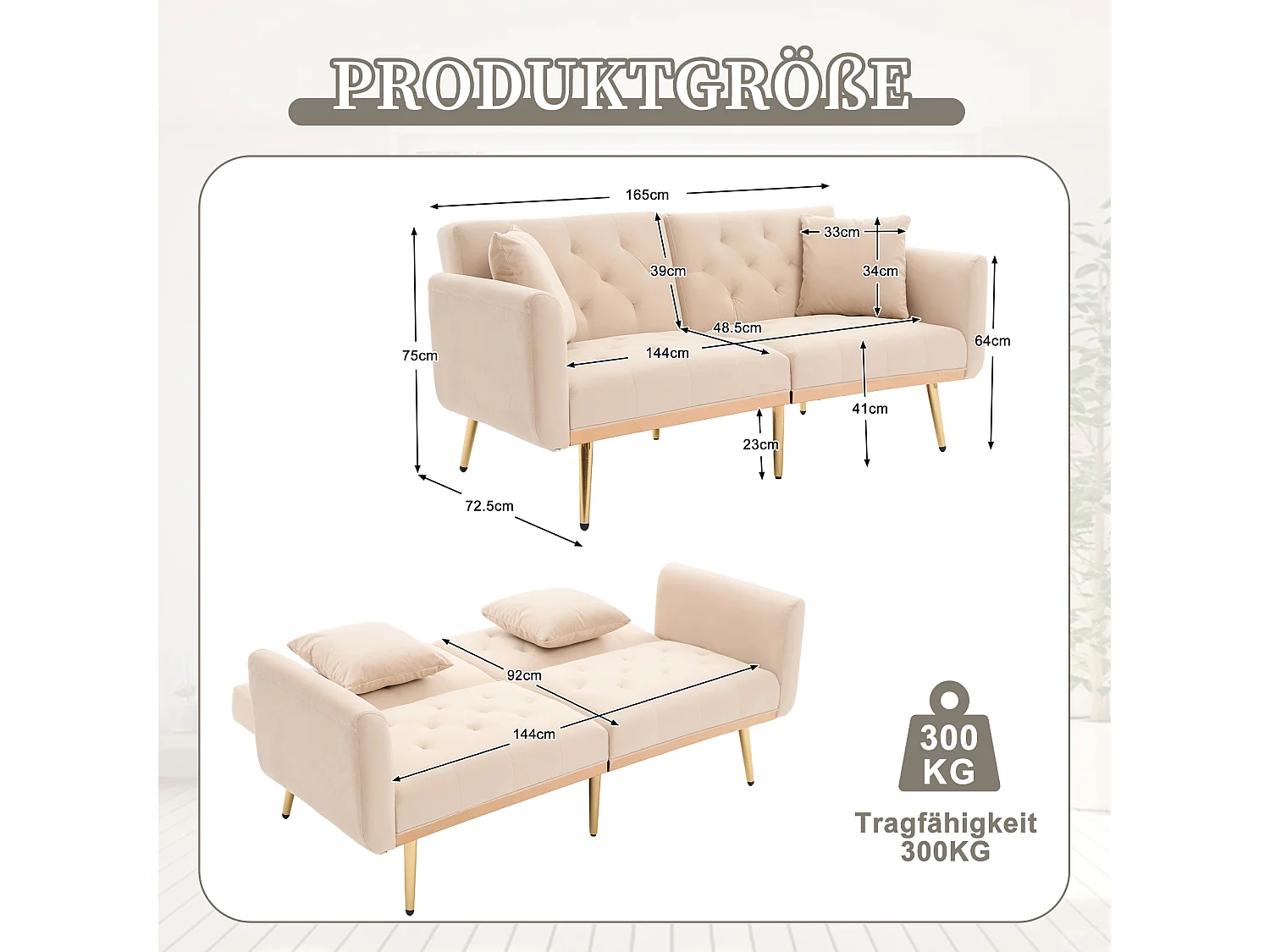 Canapé 2 places convertible avec coussins + dossier réglable - 165 x 72.5 x 75 cm - velours - beige