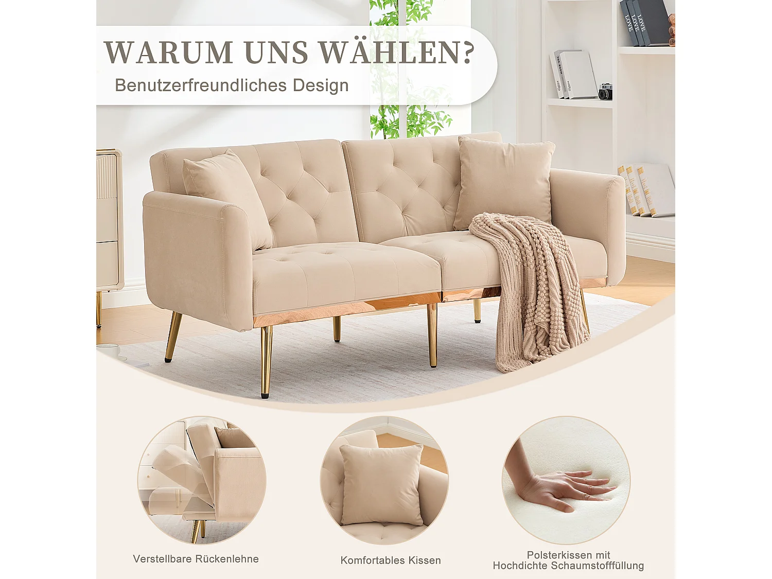 Canapé 2 places convertible avec coussins + dossier réglable - 165 x 72.5 x 75 cm - velours - beige