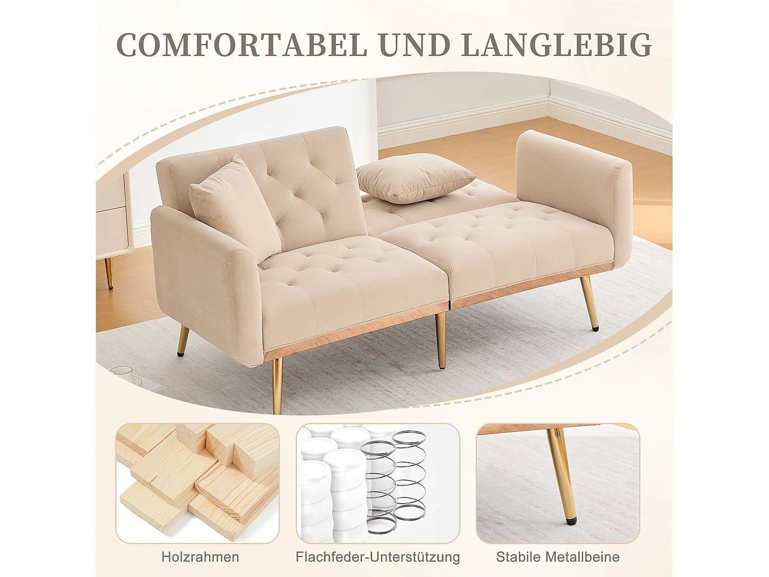 Canapé 2 places convertible avec coussins + dossier réglable - 165 x 72.5 x 75 cm - velours - beige