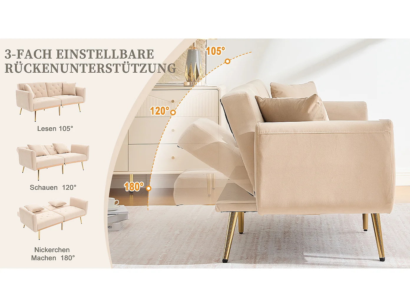 Canapé 2 places convertible avec coussins + dossier réglable - 165 x 72.5 x 75 cm - velours - beige