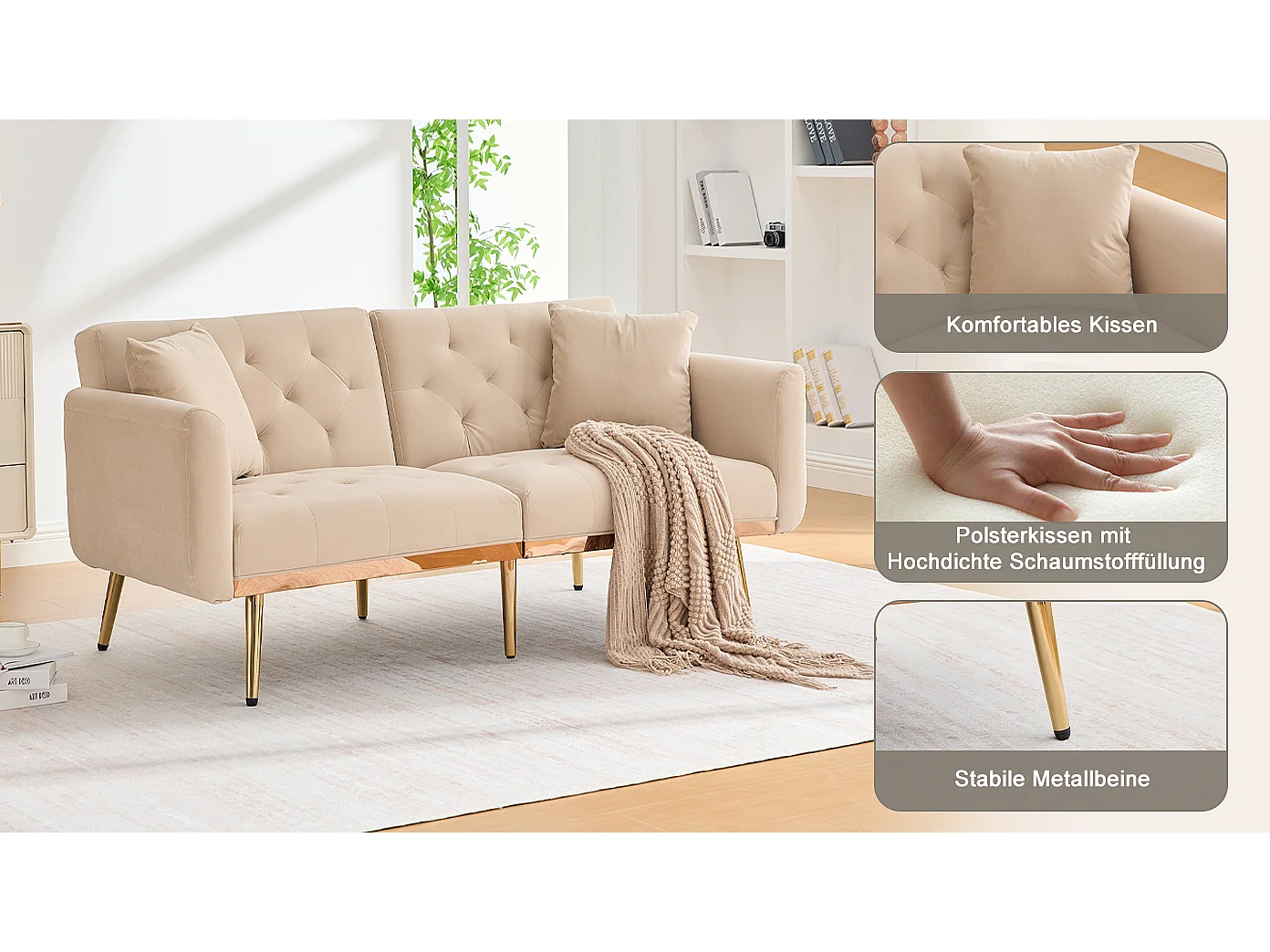 Canapé 2 places convertible avec coussins + dossier réglable - 165 x 72.5 x 75 cm - velours - beige