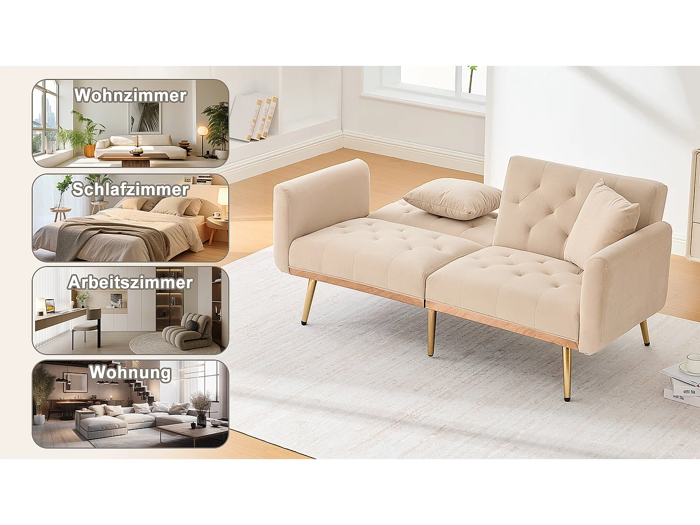 Canapé 2 places convertible avec coussins + dossier réglable - 165 x 72.5 x 75 cm - velours - beige