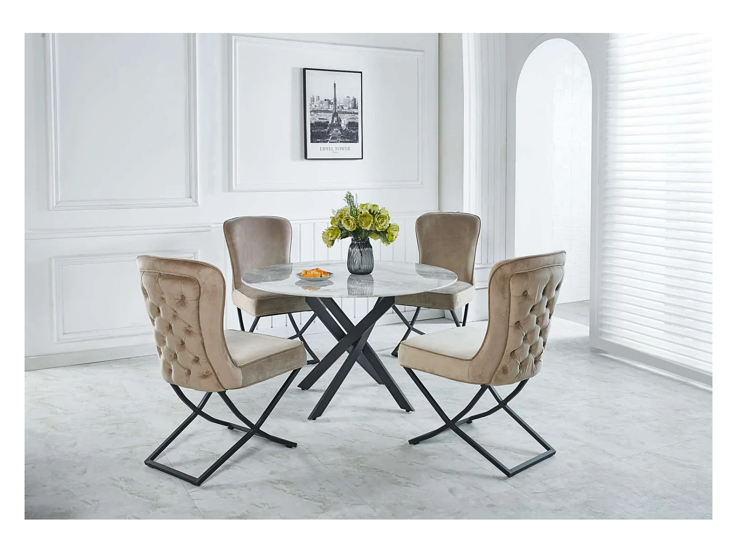 Table à manger ronde MARBRE GRIS JESSICA Métal noir 100 cm 4 couverts