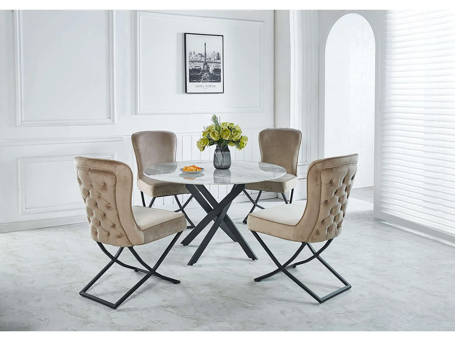 Table à manger ronde MARBRE GRIS JESSICA Métal noir 100 cm 4 couverts