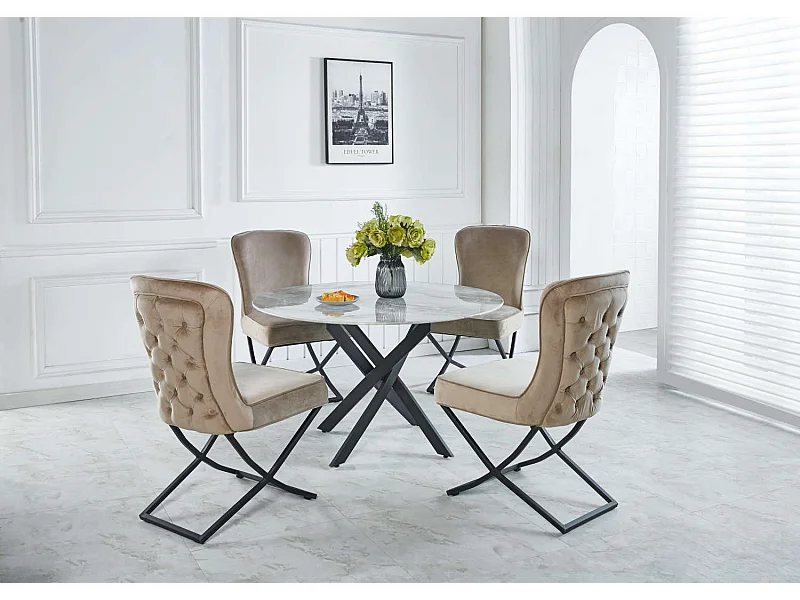 Table à manger ronde MARBRE GRIS JESSICA Métal noir 100 cm 4 couverts