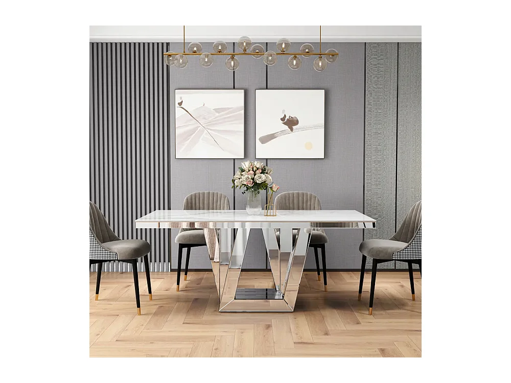 Table à manger ELEGANCE miroir plateau marbre blanc